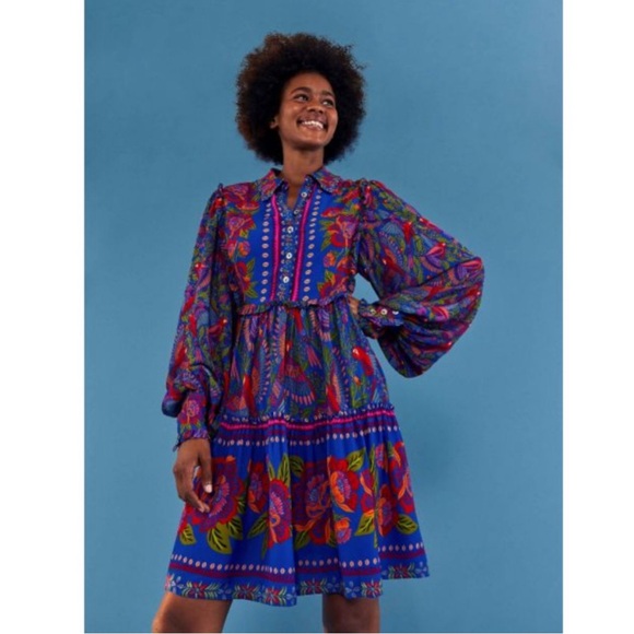FARM RIO Blue & Red Tropical Floral Macaw Flight Ruffle Long Sleeve Shirtdress L - Picture 5 of 13